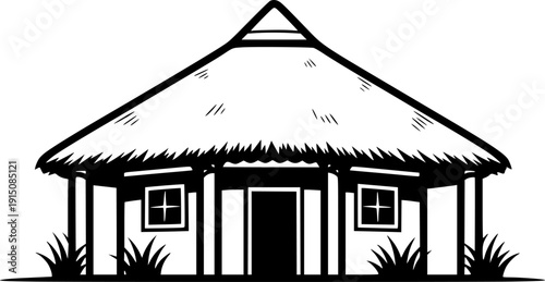 Tropical Thatched Hut Silhouette - Coastal Island Bungalow and Travel Destination Vector