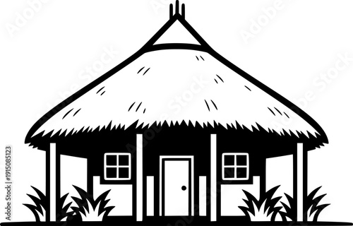 Tropical Thatched Hut Silhouette - Coastal Island Bungalow and Travel Destination Vector