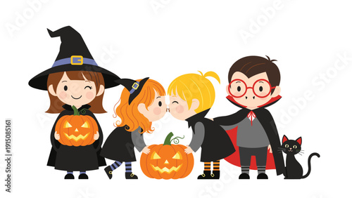 Cute group of kids dressed in witch and vampire costumes celebrate Halloween with carved pumpkins and a friendly black cat.