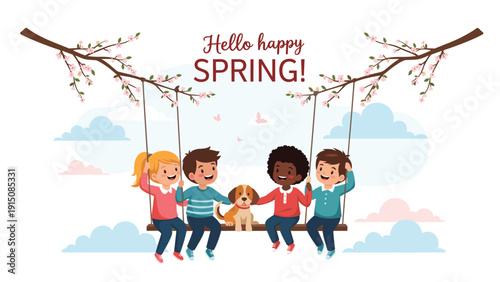 Group of diverse children and their pet dog sit on a long swing suspended from flowering tree branches in the spring.