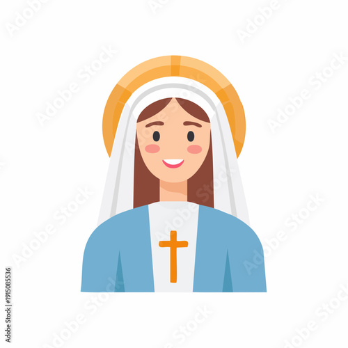 Cartoon illustration of a religious figure with a halo, cross, and blue garment