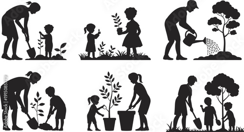 Family tree planting silhouettes collection, parents and children gardening together, eco growth and sustainability concept, black vector illustration isolated on white background