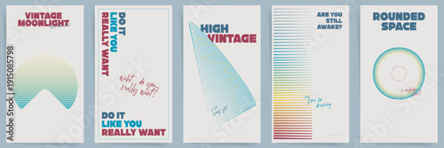 Abstract Vintage Geometric Poster Set. Minimal Retro Line Art with Gradient Circle and Typographic Layout. Modern Vertical Design Template for Cover, Banner, Exhibition. Vector