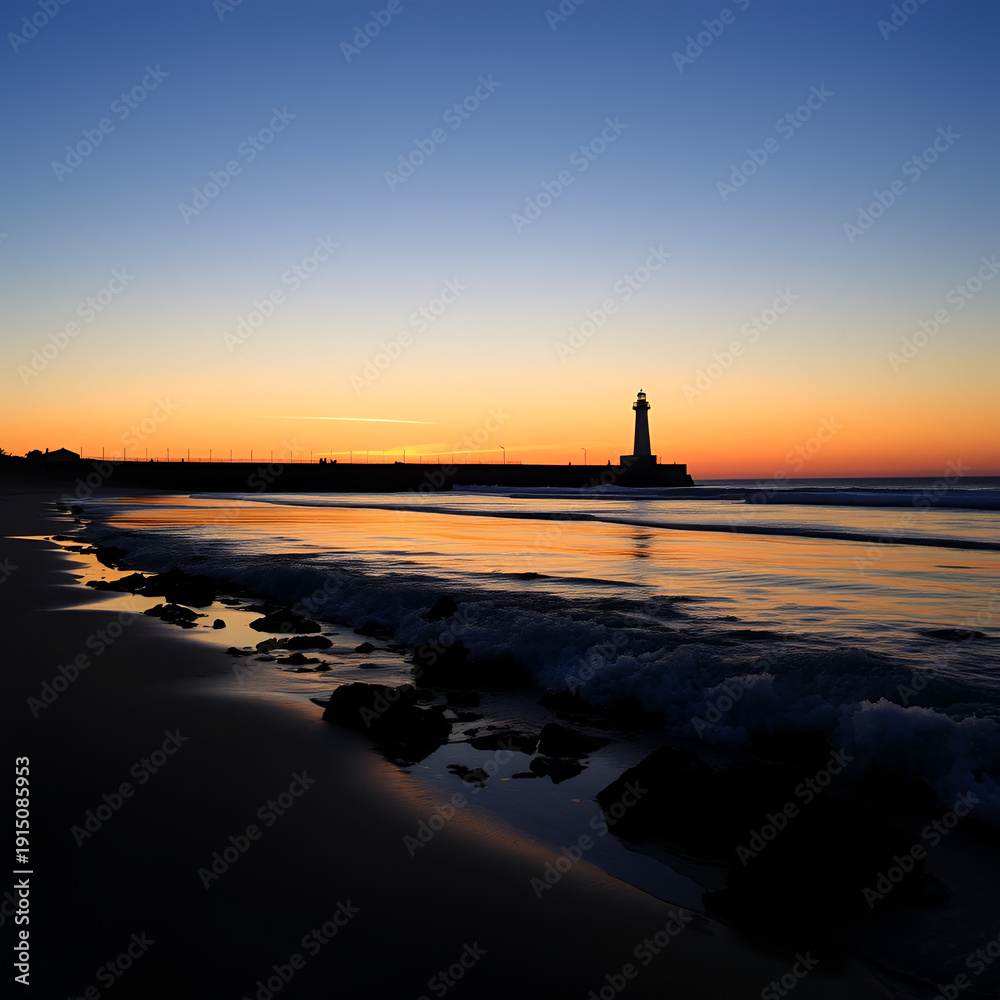 Fototapeta premium Sunset on the beach with breakwaters and a lighthouse