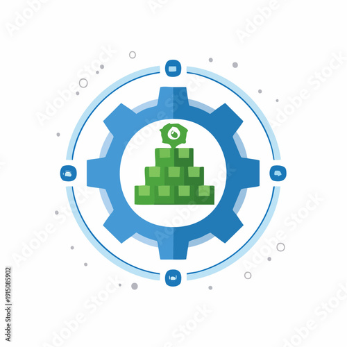 Gear wheel with a green pyramid and a plant, financial growth concept