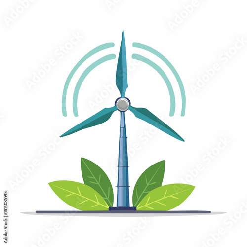 Illustrated modern wind turbine generating clean energy with leaves.