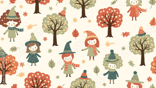 Whimsical seamless pattern featuring cute little girls in winter hats and scarves walking through a colorful autumn forest.