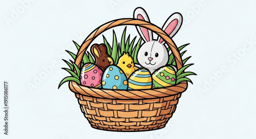 Easter bunny in a wicker basket with colorful eggs and grass springtime celebration