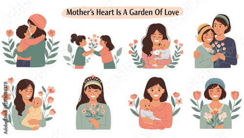 Collection of diverse mothers celebrates their love for their children with flowers in a heartwarming garden setting.
