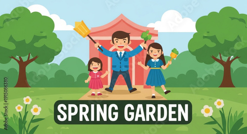 Happy family in spring garden with flowers and trees father mother and kids enjoying outdoor activities