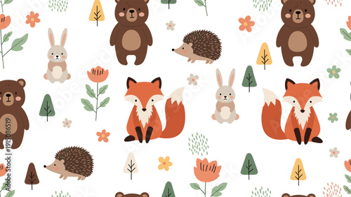 Seamless forest pattern features cute bears, foxes, rabbits, and hedgehogs playing among trees and wild flowers.