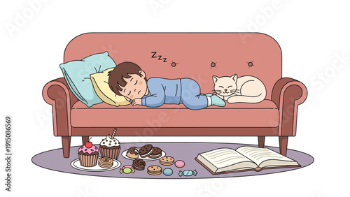 Young boy and his white cat sleep soundly on a sofa surrounded by crumbs from their snack of cookies and cakes.