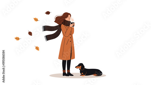 Woman in a long coat enjoys a hot beverage while walking her dachshund on a windy autumn day with falling leaves.