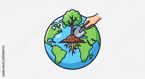 Person nurturing a tree on earth with a shovel symbolizing environmental care and sustainability