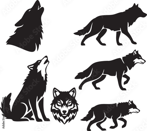 Wolf silhouettes howling standing running head vector