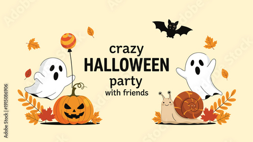 Spooky and fun Halloween party illustration with ghosts, a jack-o-lantern, a bat, and a cute snail with a balloon.