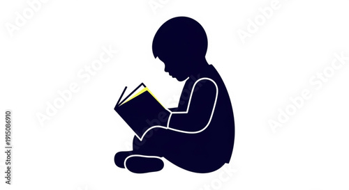 Silhouette of a child sitting and reading a book with a yellow highlighted page