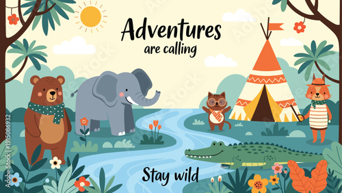Friendly forest animals like a bear, elephant, crocodile, and fox enjoying a wild adventure near a camping tent.