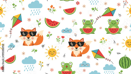 Summer seamless pattern with cool foxes wearing sunglasses, frogs eating watermelon, kites, suns, and rain clouds.