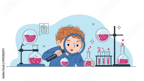 Curious young boy looking through a magnifying glass at colorful chemical liquids in laboratory flasks and tubes.
