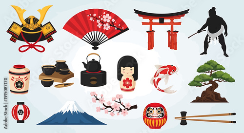 Collection of Japanese cultural icons including samurai helmet, fan, Torii gate, sumo wrestler, Daruma doll, koi fish, bonsai tree, and Mount Fuji
