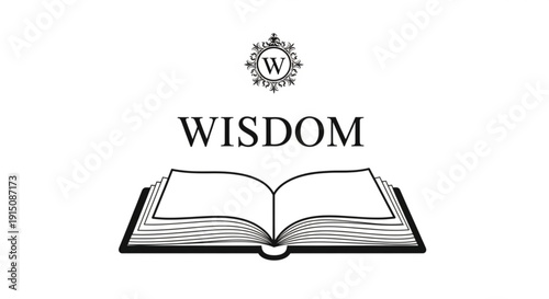 Open book with 'wisdom' text and decorative 'w' emblem on white background symbolizing knowledge and insight