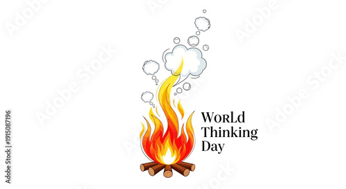 Illustration of a campfire with the World Thinking Day logo, symbolizing global action and solidarity through empowering girls and leadership, against a clean white background with a vector