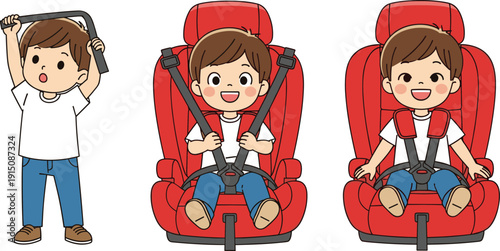 Cute cartoon boy sitting safely in red car seat with harness and adjusting height bar isolated on white background illustration