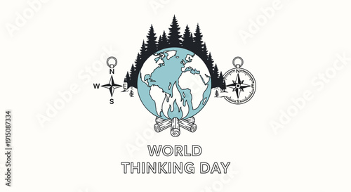 Illustration of a globe with trees, compass, and wind rose for World Thinking Day 2026, symbolizing global action and sustainability.