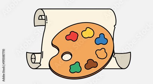 Vibrant artist palette with colorful paints and rolled canvas