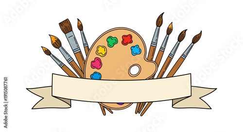 Artist's palette with paintbrushes and ribbon banner