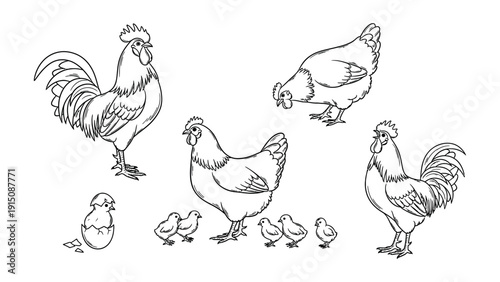 Chicken Family Line Art Collection, Set of Rooster, Hen, and Cute Baby Chicks in Various Poses, Farm Poultry Vector Illustration Isolated on White Background