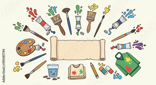 Colorful art supplies and blank parchment for creative projects