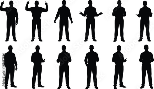 Set of businessman silhouettes in various poses, professional male character standing, pointing, presenting, gesturing and speaking, isolated on white background