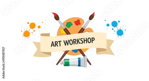 Vibrant art workshop banner with paintbrushes and palette