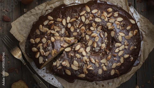 Tasty chestnut cake topped with almonds and chocolate