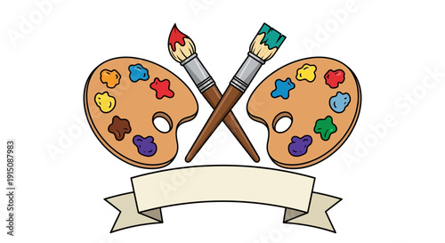 Vibrant artist tools with paint palettes and brushes