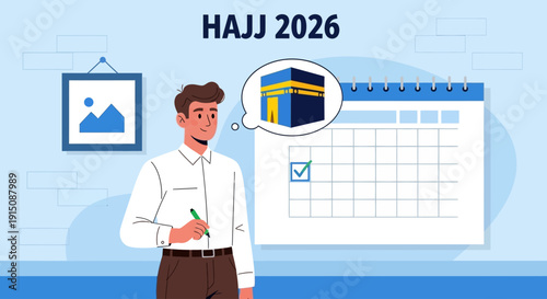 Man planning Hajj 2026 pilgrimage on calendar with checkmark beside Kaaba illustration