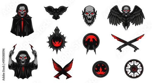 Collection of Gothic and Horror-themed icons, including skulls, bats, and menacing figures, perfect for dark fantasy aesthetics