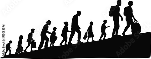Silhouette of migrating family walking uphill, refugees journey concept isolated on white background humanitarian crisis illustration