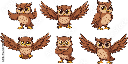Set of cute cartoon owl characters with various poses including flying, standing, giving thumbs up, and angry isolated on white