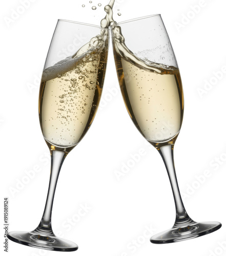 Two champagne glasses clinking with bubbly liquid bubbles isolated on a transparent background