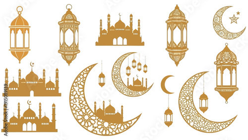 Islamic crescent moon and lanterns illustration on a white background, symbolizing Ramadan and Eid celebrations