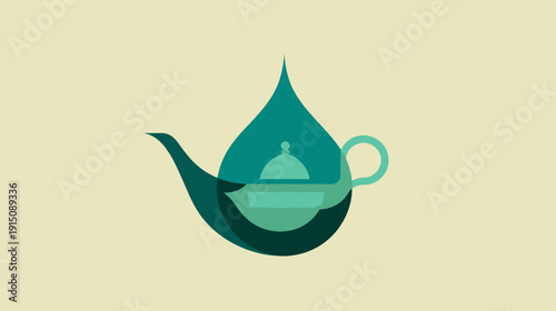 A teal and green teapot silhouette is contained inside a teal drop shape on a beige background
