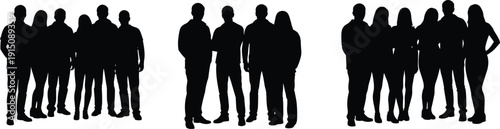 Three diverse groups of people silhouette standing together in small teams for business community social gathering and professional corporate unity.