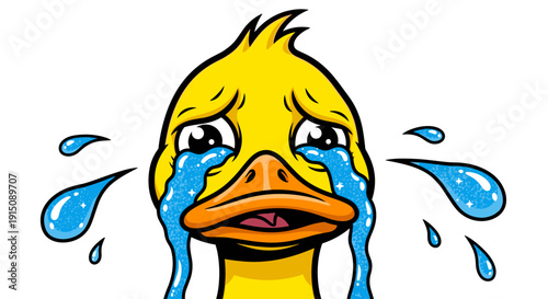 A cartoon duck with tears streaming down its face, conveying sadness and emotional distress, depicted in a digital illustration from a front viewpoint.