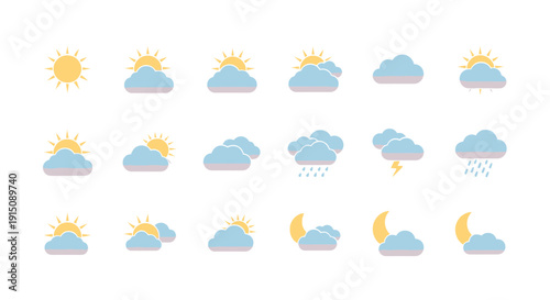 Weather icon set with sun, clouds, rain, lightning and moon illustrated in a minimalistic style