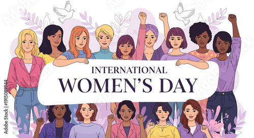 Diverse group of empowered women demonstrating strength and unity, celebrating their collective power and advocating for equality and solidarity globally
