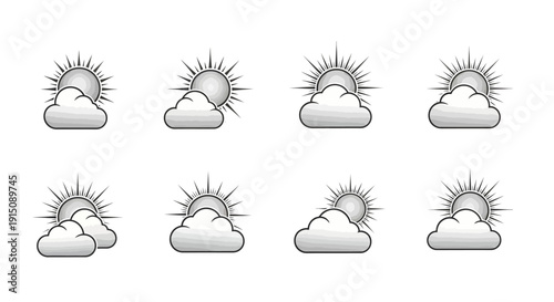Weather icon set with sun and clouds illustrated in a simple black and white design style
