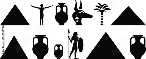 Ancient Egypt symbols set, pyramids Anubis pharaoh warrior amphora palm tree silhouettes, black vector icons isolated on white background